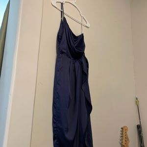Lulu’s One Shoulder Asymmetrical Navy Midi Dress